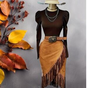 Tan Faux Suede Fringe Midi Skirt Western Boho Wrap Style